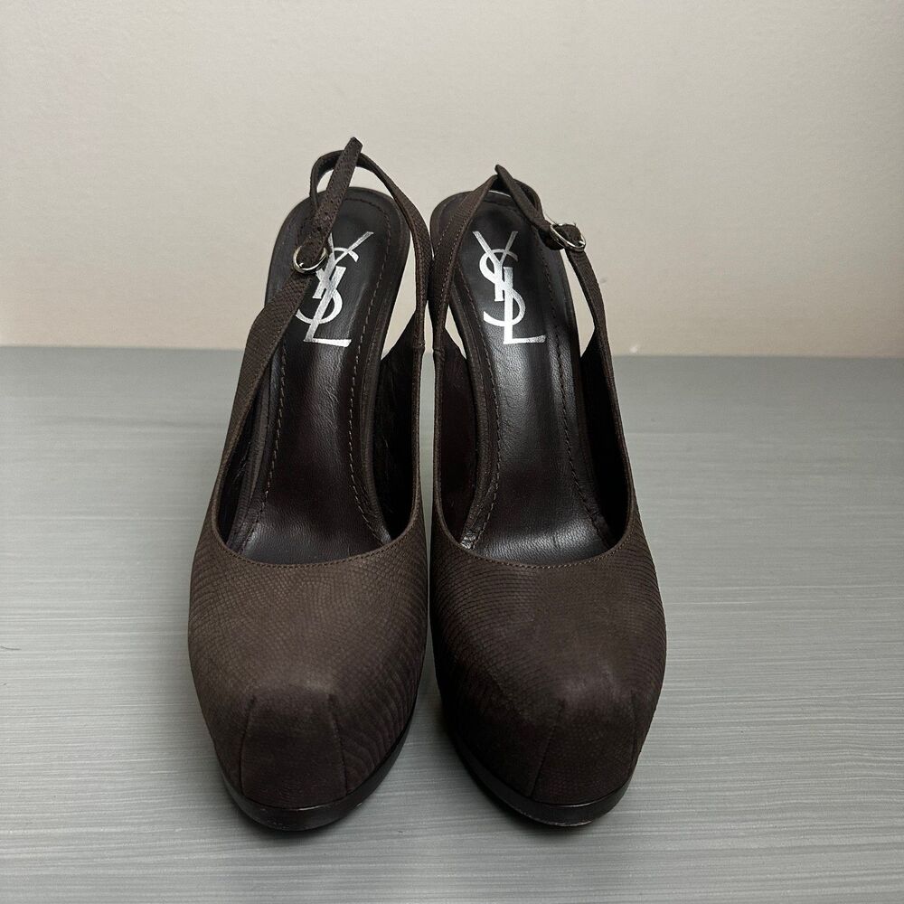 Saint Laurent YSL Tribute Slingback Pumps 37.5 Brown Platform Timeless Luxury